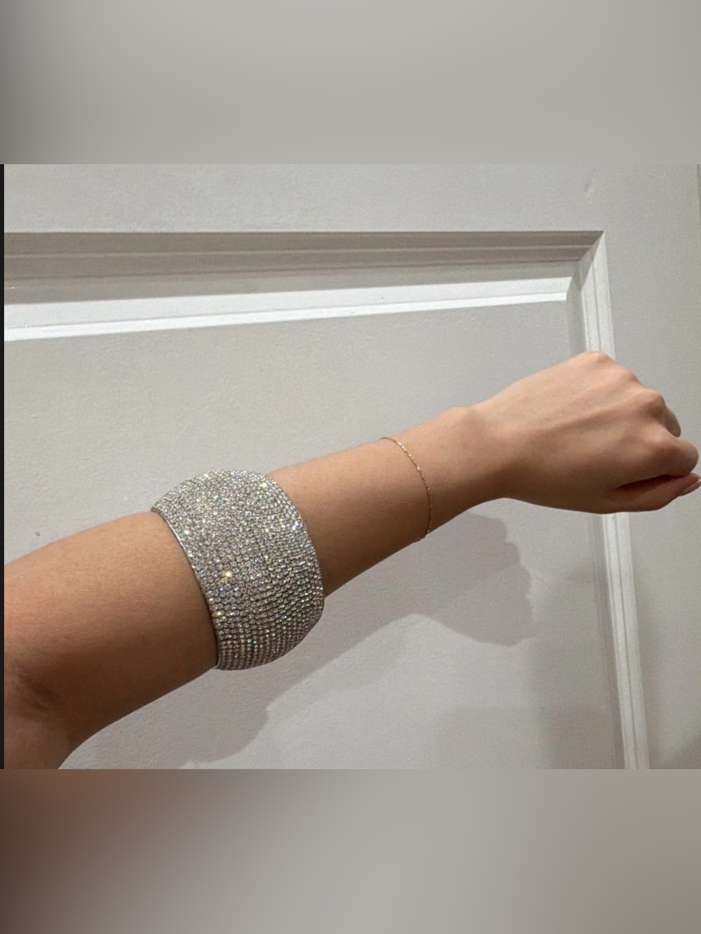 Silver Tone Wide Round Rhinestone Cuff Bracelet No Clasp